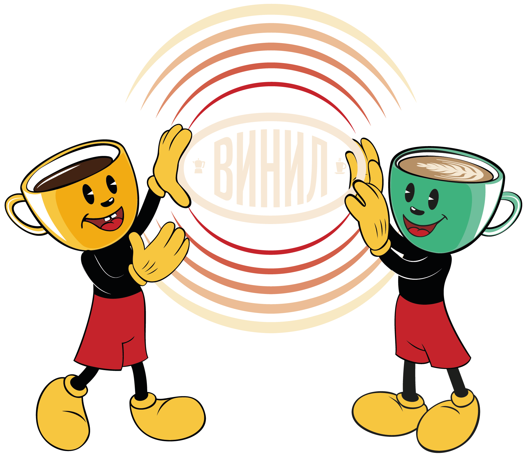 Две чашки кофе держат логотип Винил